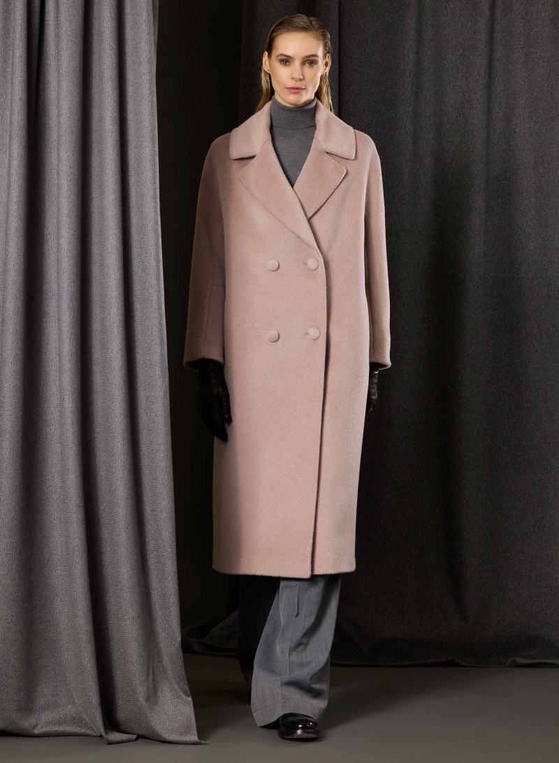 Cappotto lungo rosa doppio petto in alpaca e lana