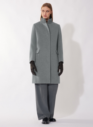 Cappotto grigio chiaro in lana e cashmere con collo in maglia