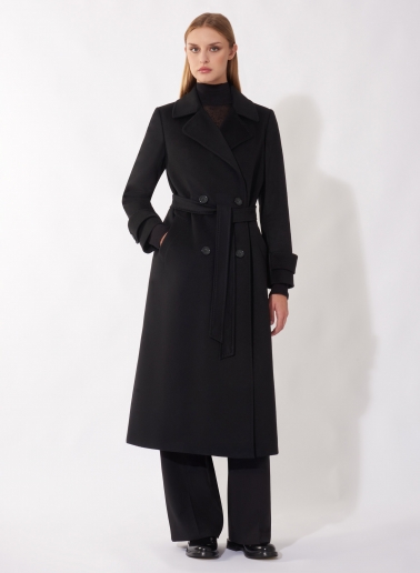 Maxi trench nero in puro cashmere con cintura