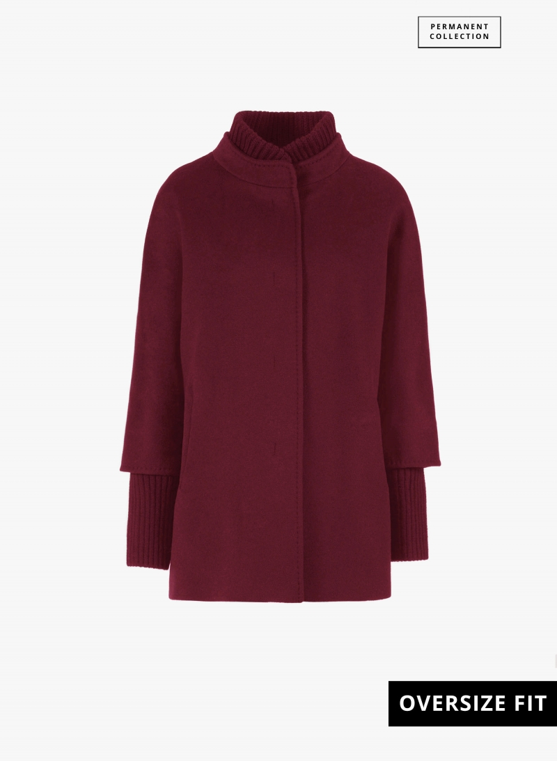 Oversized Kurzmantel mit Strick-Details aus reiner Wolle mit Zobel-Effekt in Bordeaux