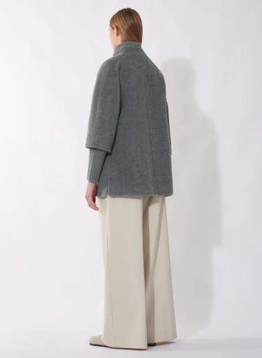 Short oversized grey alpaca and wool coat with knitted details