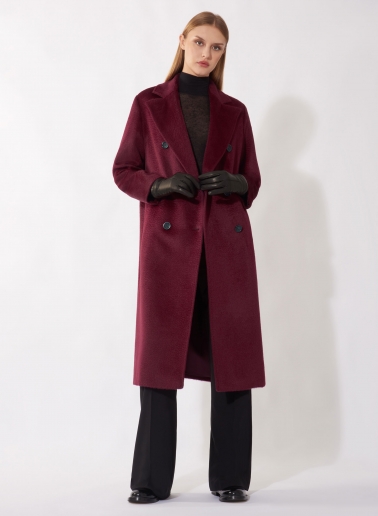 Cappotto lungo bordeaux doppio petto 6 bottoni in alpaca e lana