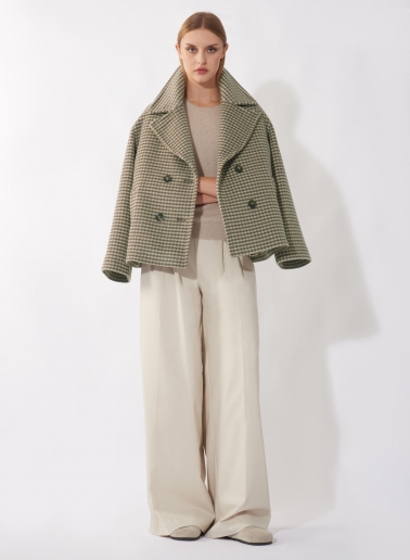 Short oversized dark taupe houndstooth coat in pure wool with maxi notch collar