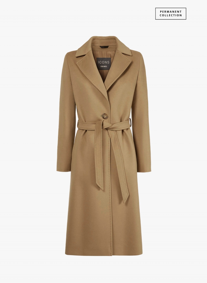 Belted fitted camel pure cashmere coat
