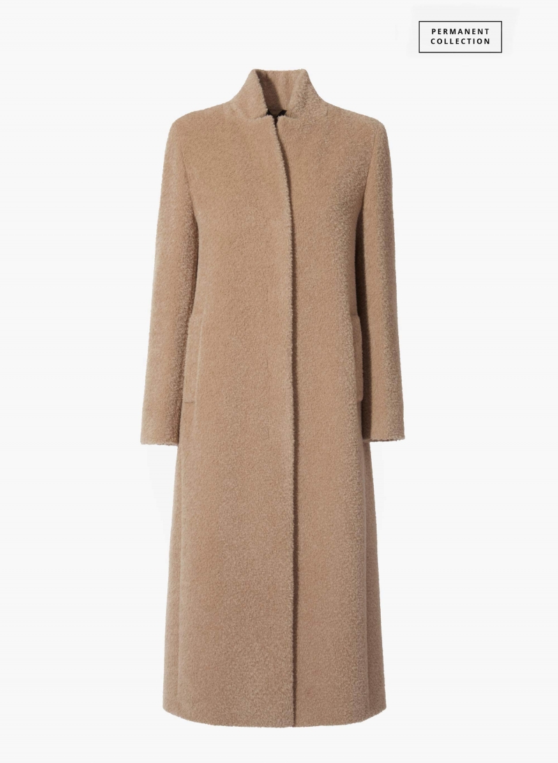 Maxi cappotto beige scuro in lana e alpaca con collo a rever rovesciato