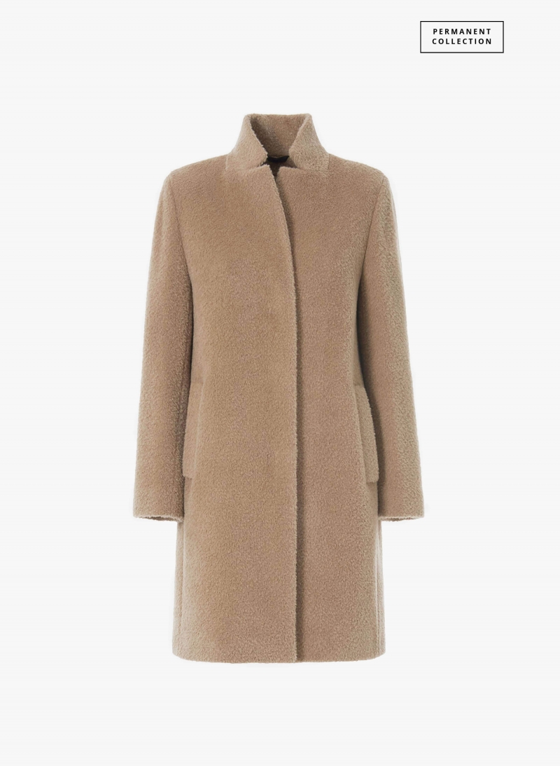 Mantel mit umklappbarem Reverskragen aus Wolle und Alpaka in dunkel Beige