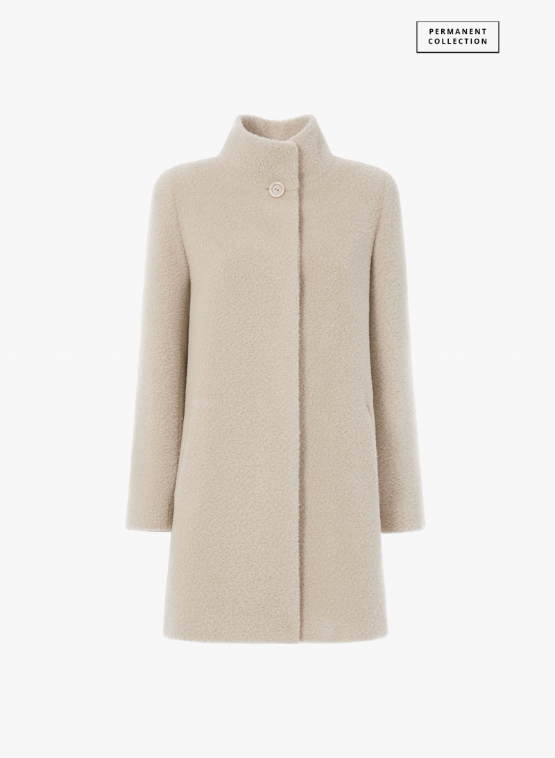 Short flared beige wool and alpaca coat with side vents