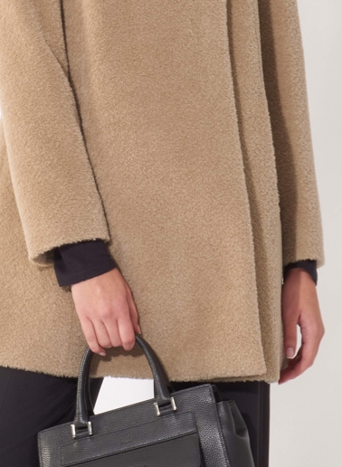 Short flared dark beige wool and alpaca coat with crossover collar