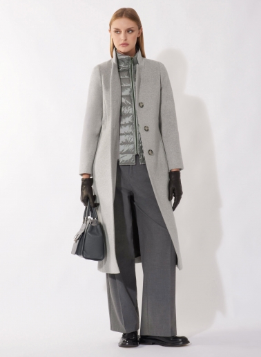 Maxi Wollmantel mit abnehmbarer Nylon-Weste in Hellgrau
