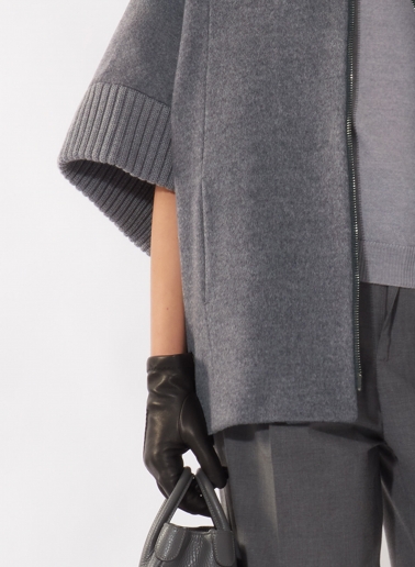 Zipped grey pure zibeline wool cape
