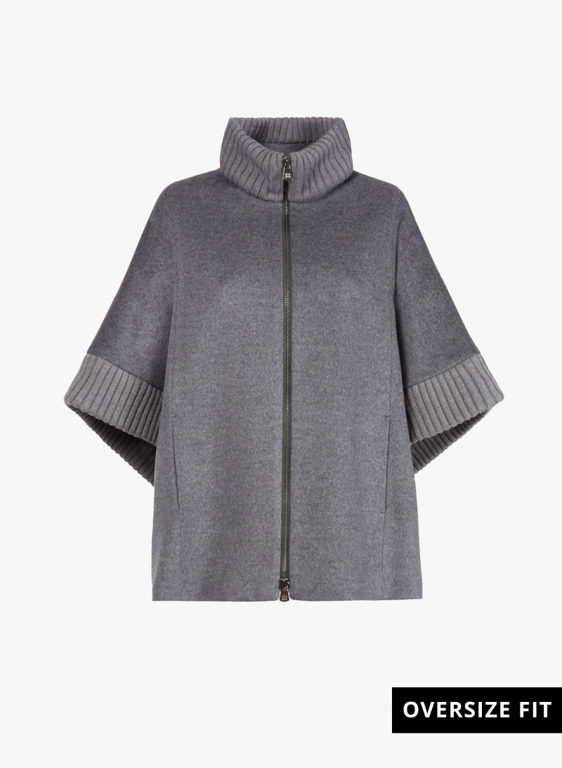 Zipped grey pure zibeline wool cape