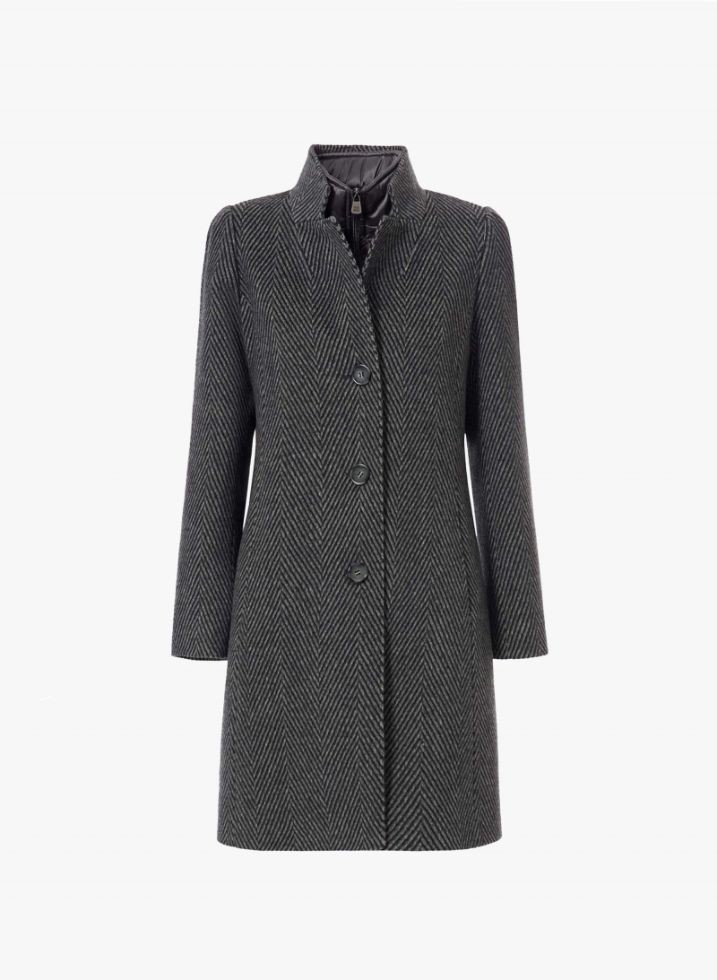 Cappotto con fantasia spigata grigia in pura lana con pettorina in nylon staccabile