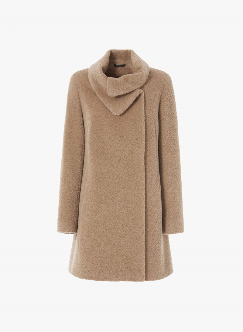 Cappotto corto beige scuro svasato in lana e alpaca con collo incrociato