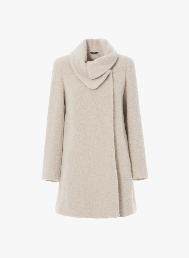 Cappotto corto beige svasato in lana e alpaca con collo incrociato