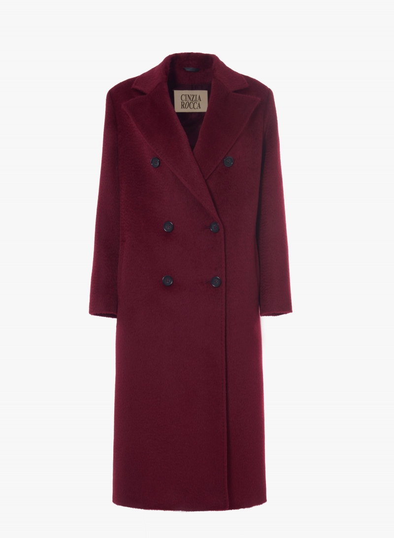 Cappotto lungo bordeaux doppio petto 6 bottoni in alpaca e lana