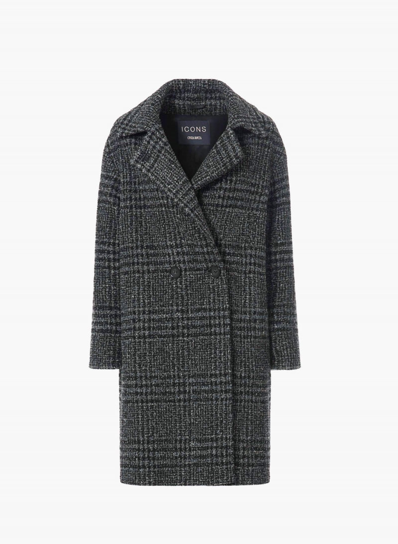 Cappotto doppio petto con fantasia check e collo a rever