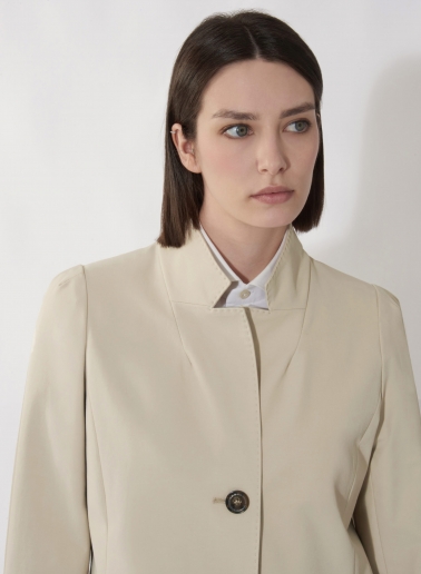 Beige stretch cotton overcoat with inverted notch collar