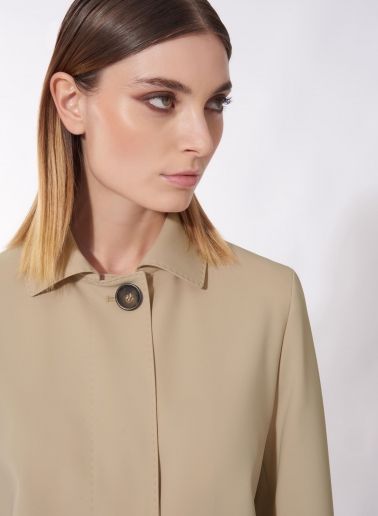 Beige overcoat with shirt collar in technical fabric