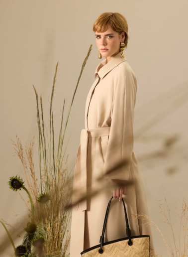 Oversized double breasted beige trench coat in rainproof technical fabric