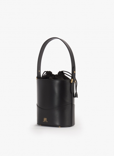 Black smooth leather bucket bag with drawstring closure