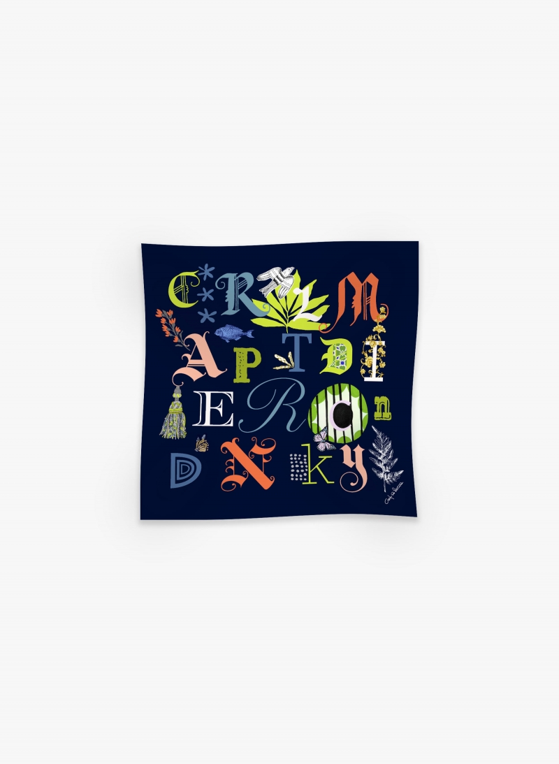 Blue pure silk twill scarf with letter pattern