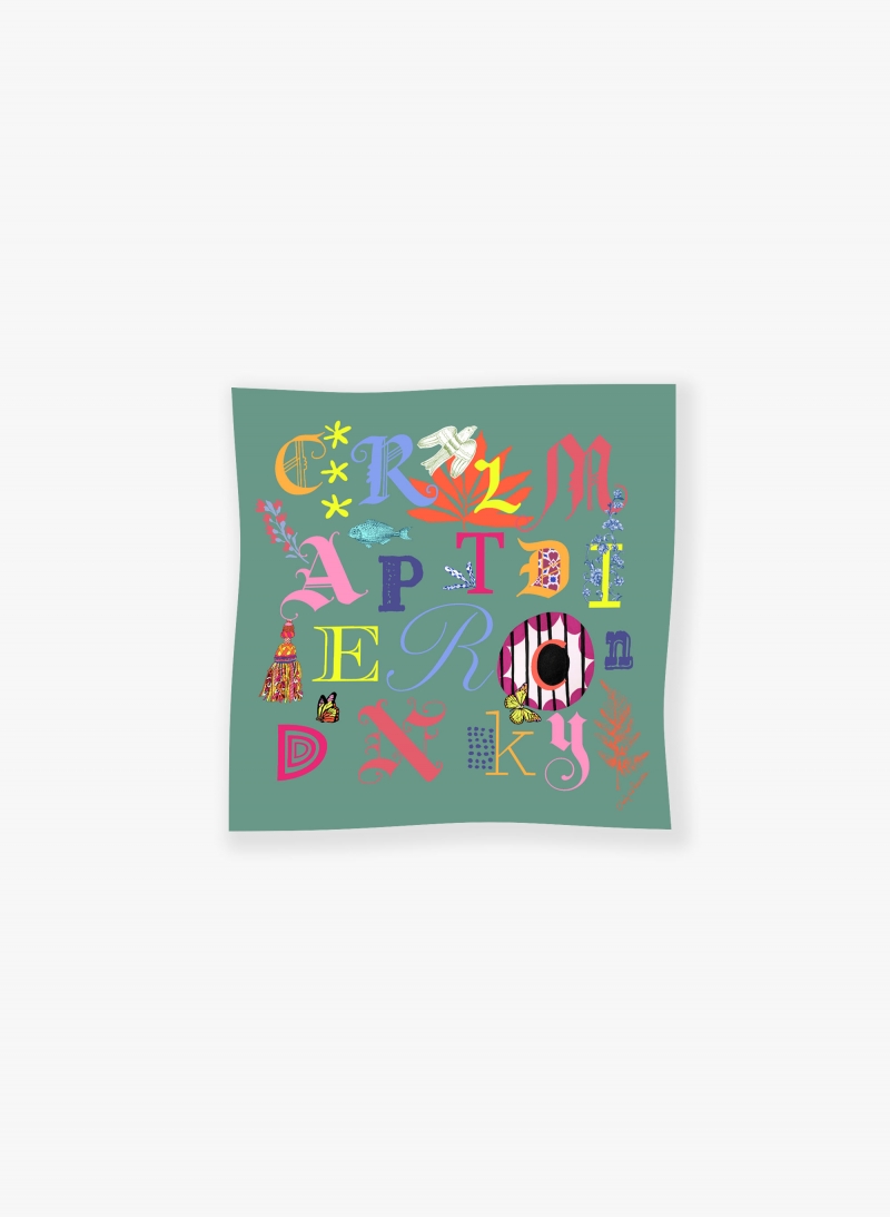 Foulard in twill di pura seta con motivo lettere verde