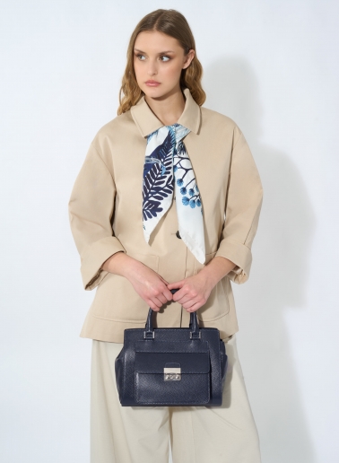Blue pure silk twill scarf with stylized plant pattern