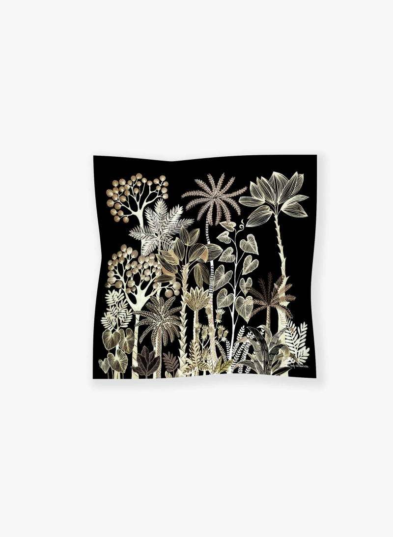 Black pure silk twill scarf with stylized plant pattern