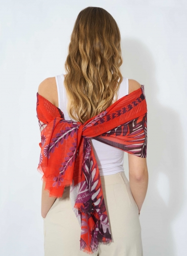 Red modal and silk scarf with stylized plant pattern