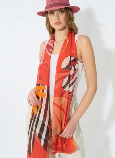 Maxi foulard in cotone e seta con fiori stilizzati rosso