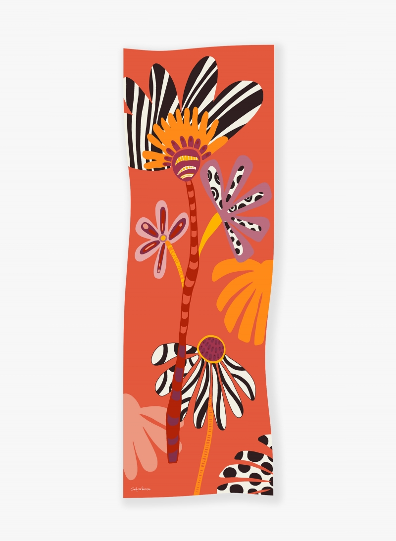 Red cotton and silk maxi scarf with stylized floral pattern
