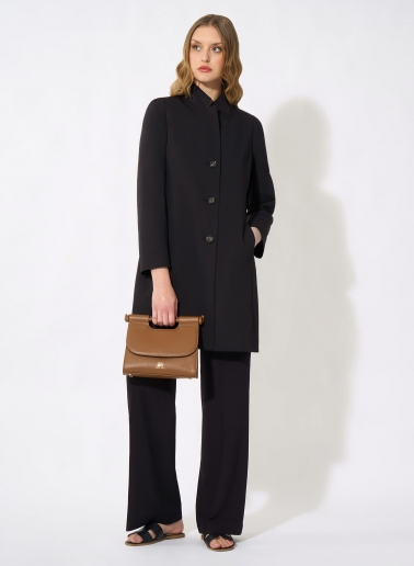 Black stretch cotton overcoat with inverted notch collar