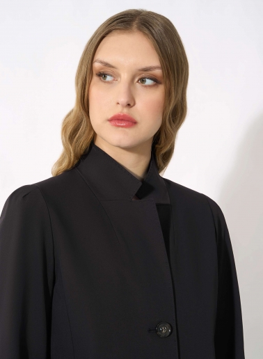 Black stretch cotton overcoat with inverted notch collar