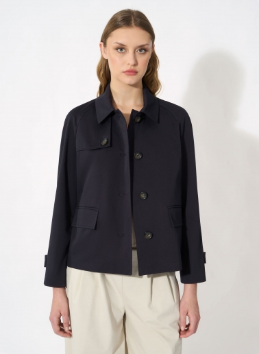 Giacca blu scuro in cotone con collo a camicia e patta stile trench
