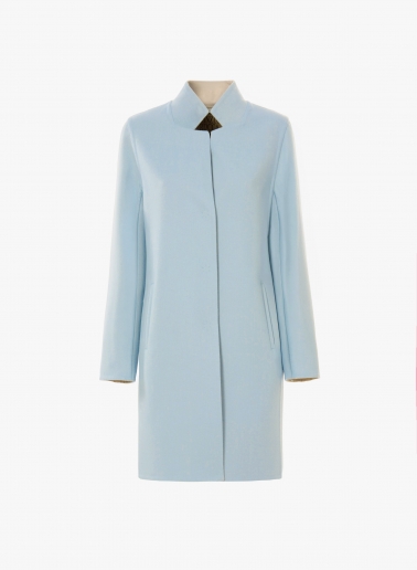 Soprabito azzurro bicolore in double di pura lana con collo a rever rovesciato
