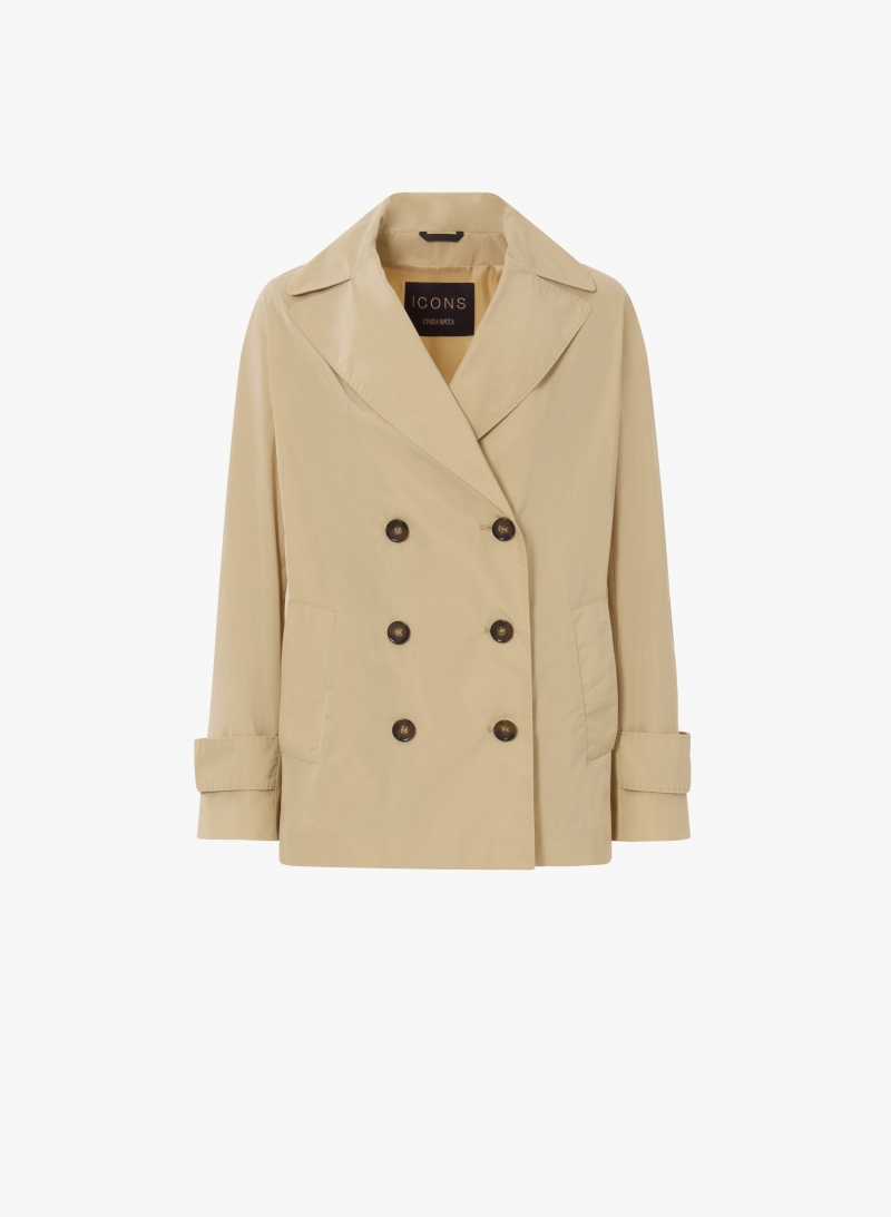 Zweireihige Jacke mit Maxi-Revers aus wasserabweisendem technischem Gewebe in Beige