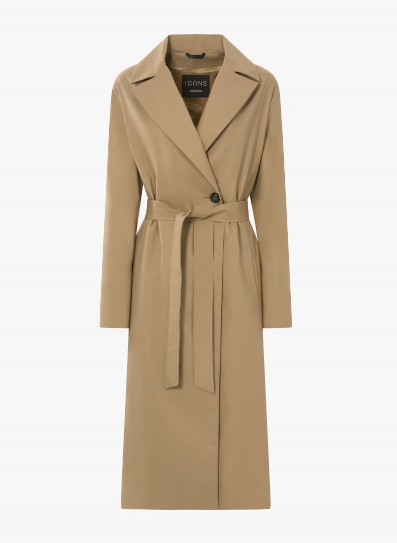 Maxi single breasted camel trench coat with technical fabric belt