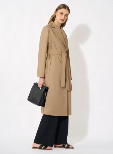 Maxi single breasted camel trench coat with technical fabric belt