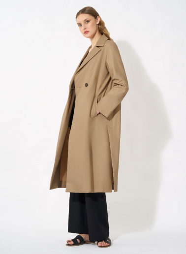 Maxi single breasted camel trench coat with technical fabric belt