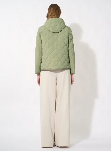 Military green quilted jacket in technical fabric with hood