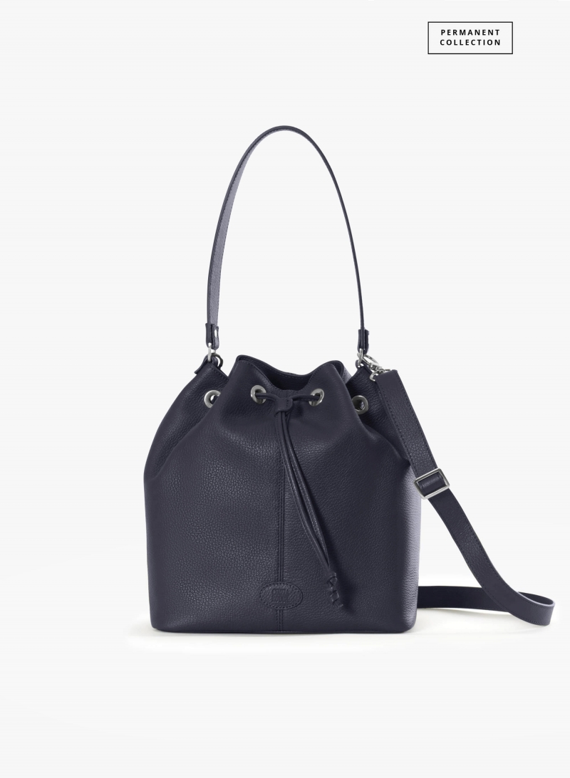 Blue genuine leather bucket bag with gusset and logo