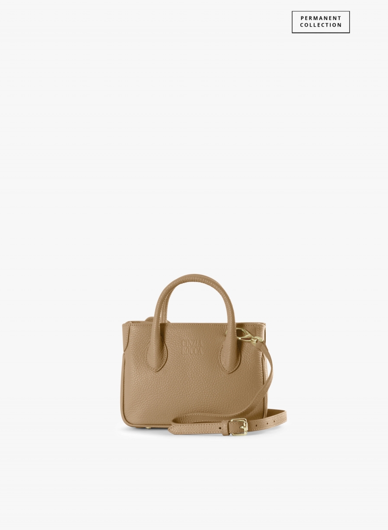 Mini light camel genuine leather tote bag