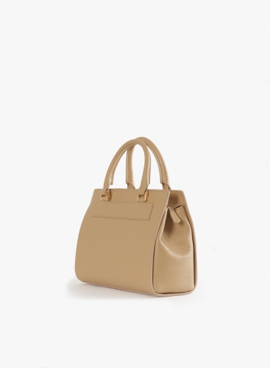 Borsa rigida in pelle cammello chiaro con chiusura in metallo