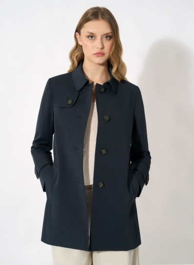 Dark blue overcoat in rainproof technical fabric with trench-style flap