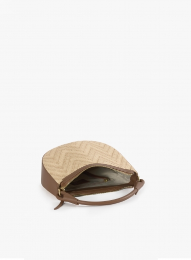 Asymmetrical straw bag with tobacco colour leather details