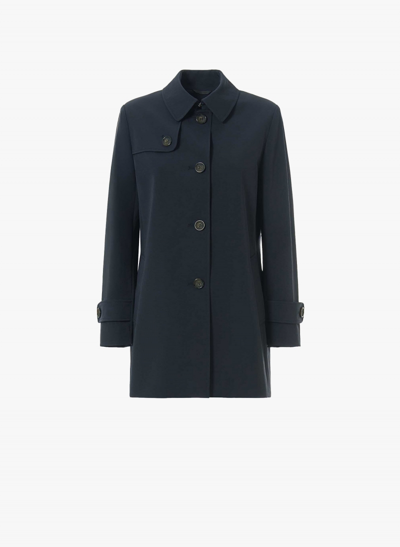 Soprabito blu scuro in tessuto tecnico antigoccia patta stile trench