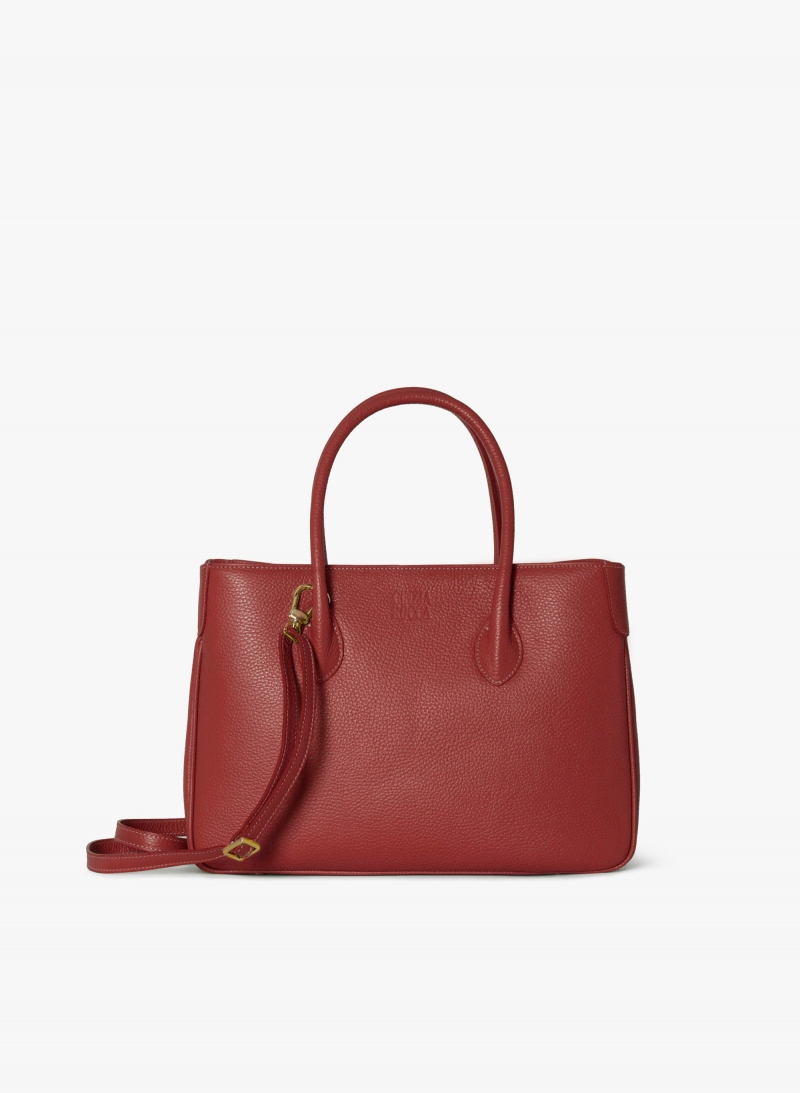 Red genuine leather tote bag