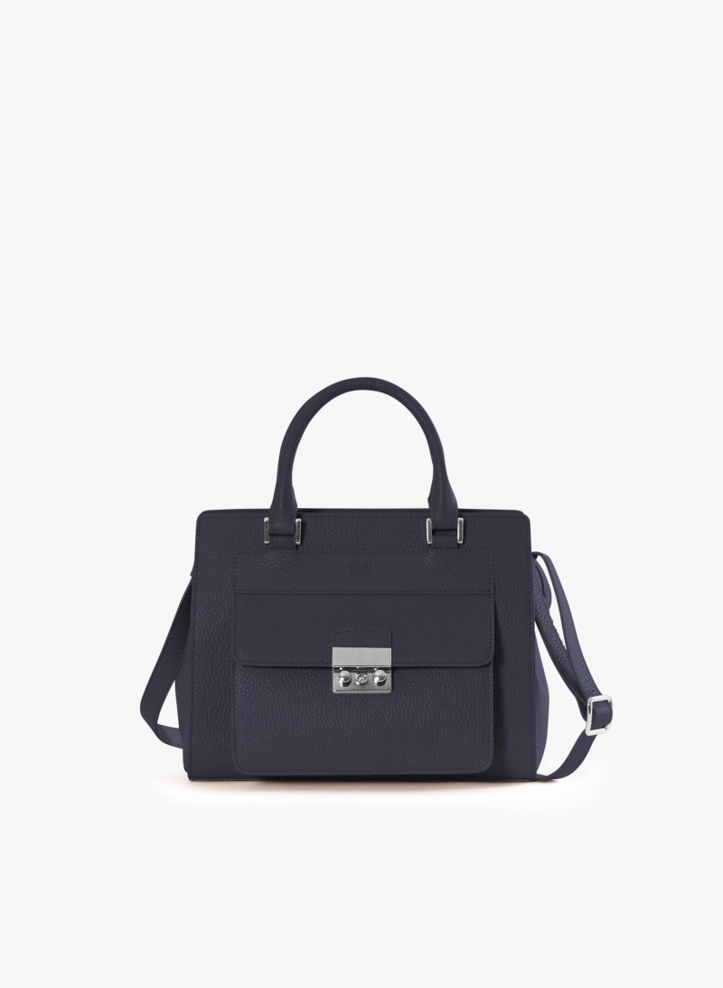 Borsa rigida in pelle blu con chiusura in metallo
