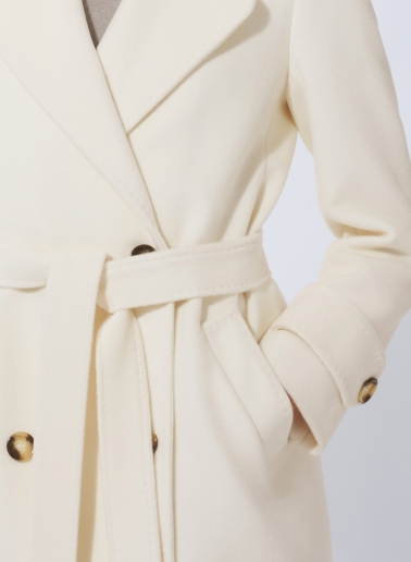 Maxi trench bianco in pura lana con cintura