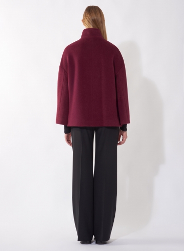 Short flared burgundy wool coat with high collar